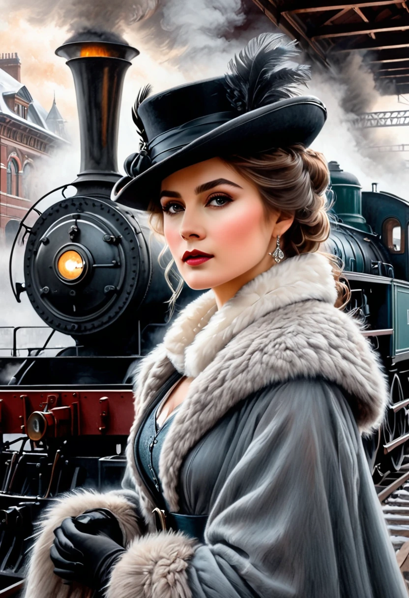 Pastel, black pencil hatching, charcoal drawing, toned paper, pencil drawing,
A historical scene set in a foggy train station. Foreground close-up, on camera, Anna Karenina, dressed in elegant 19th century winter attire, including a fur cape, hat, throws herself (((moving view, in front of the locomotive: 1.5))) under the locomotive. The train emits steam, creating a dramatic and nostalgic atmosphere. In the background are details of the train station with an industrial, vintage feel.