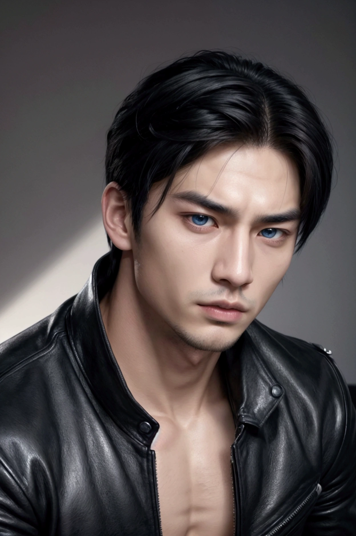 ((face portrait)), close-up photo, ((more focus on face)),((pose of superiority)), ((powerful man)), very luxurious in the image, highly detailed image. ((A man)), 20 year old boy, young appearance, perfect masculine appearance, detailed face, light blue eyes, seductive look, defined jawline, Serious countenance, marked nose, marked jaw, handsome face, young male face. Black hair, detailed hair, men's haircut. Perfect male body, broad shoulders, chest Toned, defined abs, toned body. Wearing a leather jacket with Spikes, leather jacket, black leather pants, goth look. Face with Korean features, slanted eyes, Asian appearance, Asian facial features, Striking a masculine pose, looking fixedly at the viewer, Asian features, Asian man, masculine, 