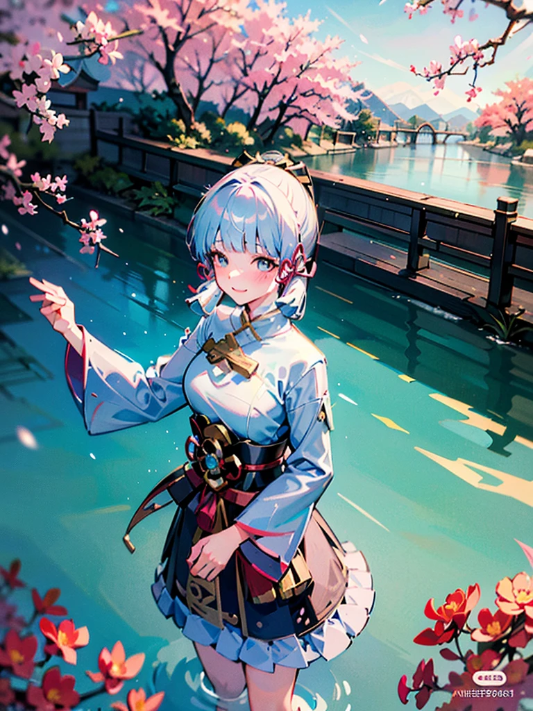 HD, 4K, max quality, detailed lines, detailed shading, anime girl, Kamisato Ayaka Genshin Impact, standing in Japanese garden, koi in river, close to river, smiling, blushing, snowing, falling snow around her