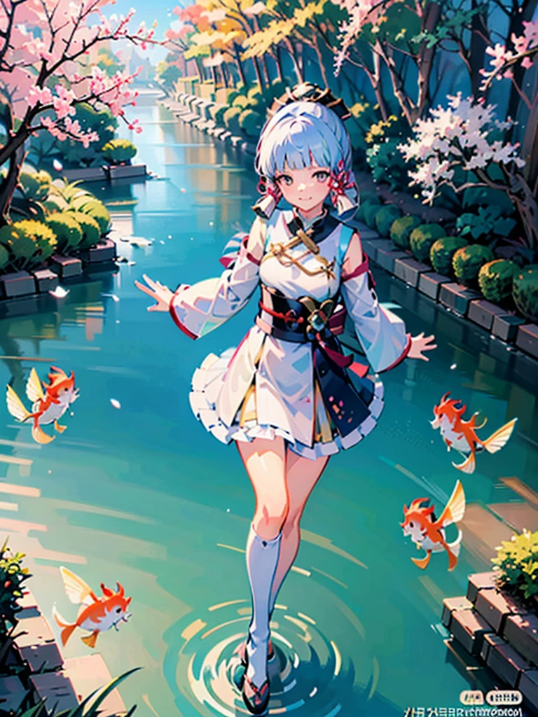HD, 4K, max quality, detailed lines, detailed shading, anime girl, Kamisato Ayaka Genshin Impact, standing in Japanese garden, koi in river, close to river, smiling, blushing, snowing, falling snow around her