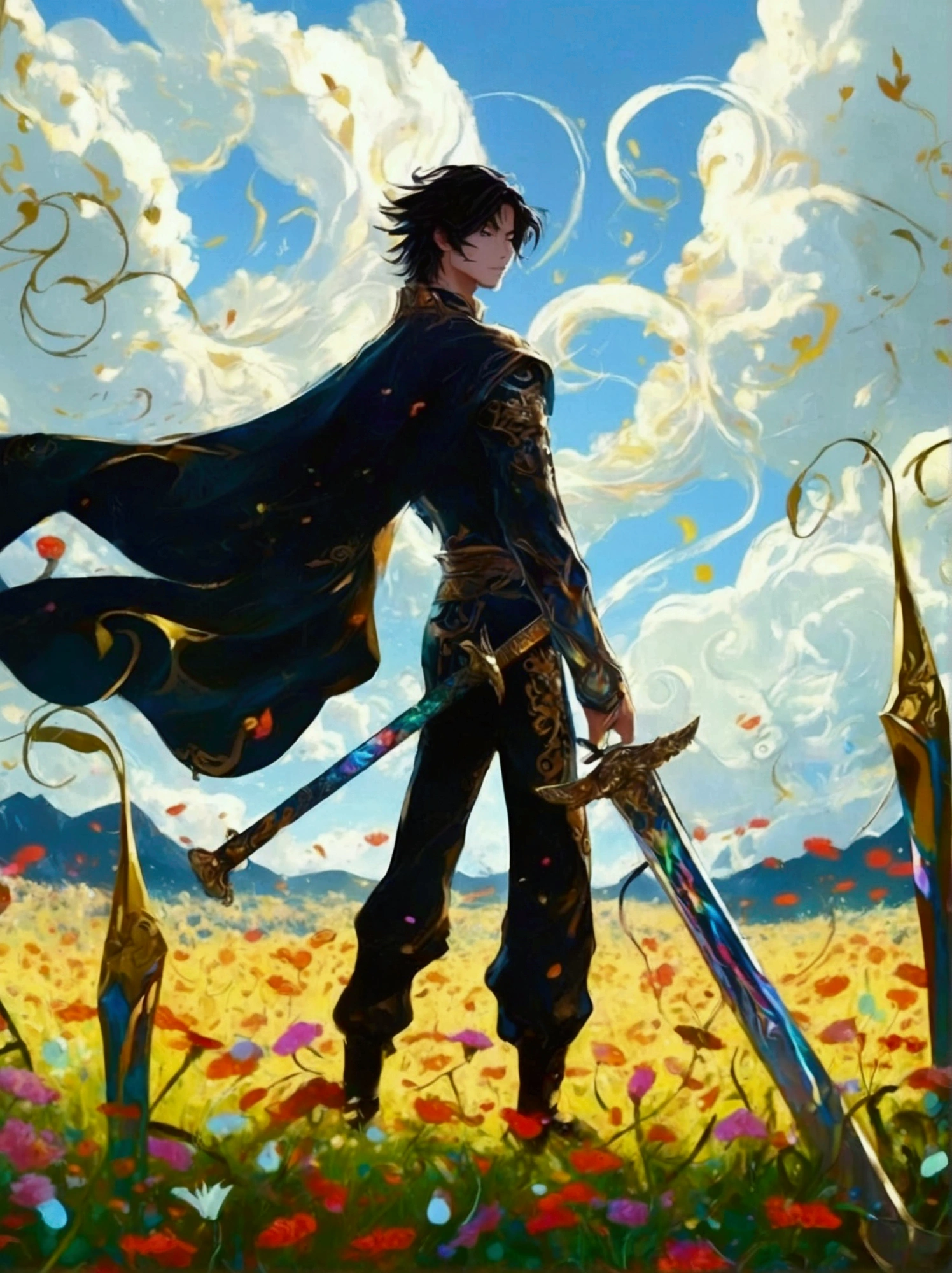 A standing figure of a male character resembling a sorcerer from a popular animated fantasy series, dressed in simplistic battle attire, located in a sword-infused meadow. The art style should mimic traditional Japanese animation, with strong outlines and vivid colors resonant of original animated series. The viewer's perspective should be from a low viewpoint to present the magnitude of the meadow and accentuate the swords around the character. The atmosphere should hint towards the fantastical, accentuating the magical components and epic demeanor of the scenario.