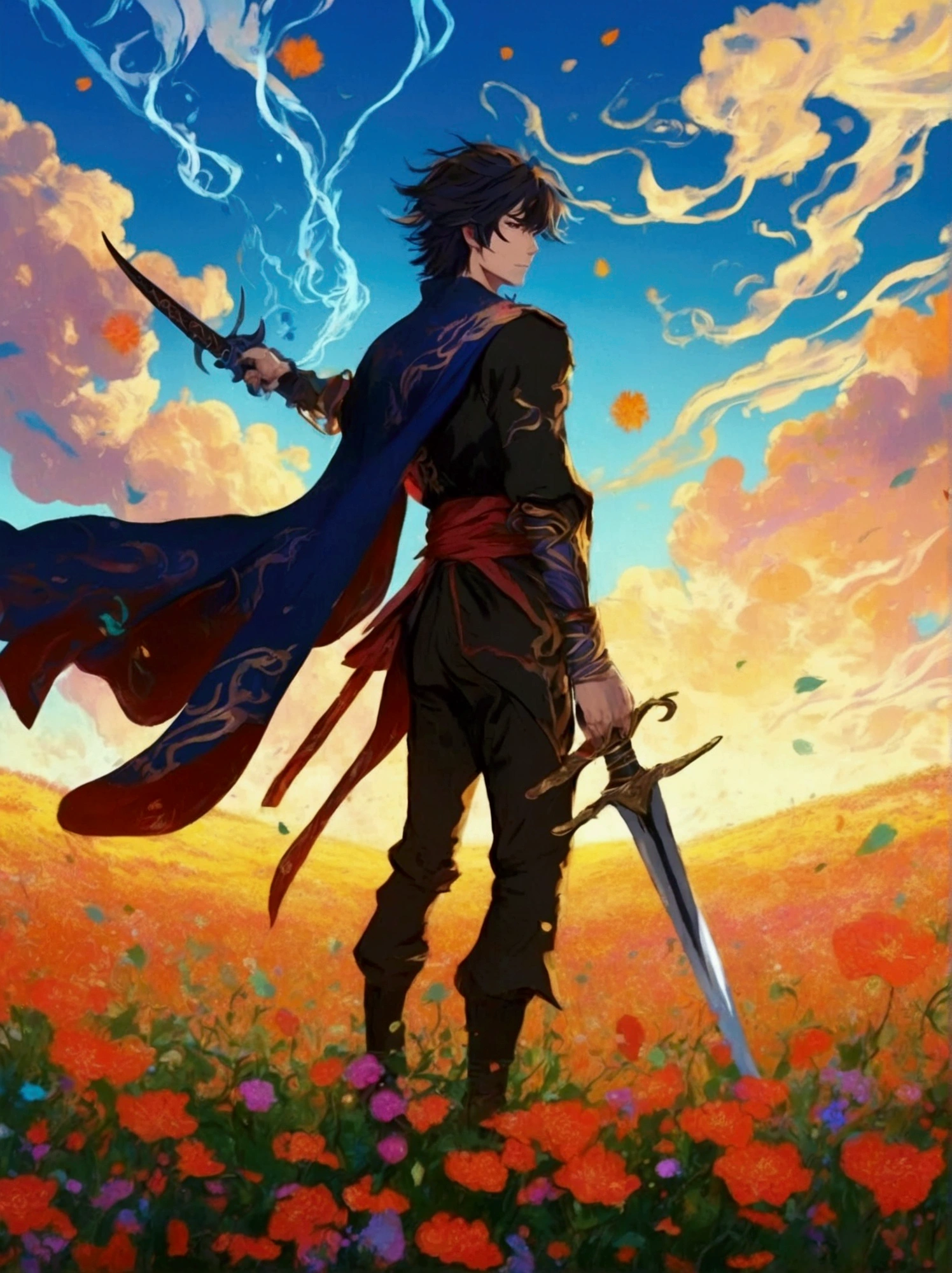 A standing figure of a male character resembling a sorcerer from a popular animated fantasy series, dressed in simplistic battle attire, located in a sword-infused meadow. The art style should mimic traditional Japanese animation, with strong outlines and vivid colors resonant of original animated series. The viewer's perspective should be from a low viewpoint to present the magnitude of the meadow and accentuate the swords around the character. The atmosphere should hint towards the fantastical, accentuating the magical components and epic demeanor of the scenario.