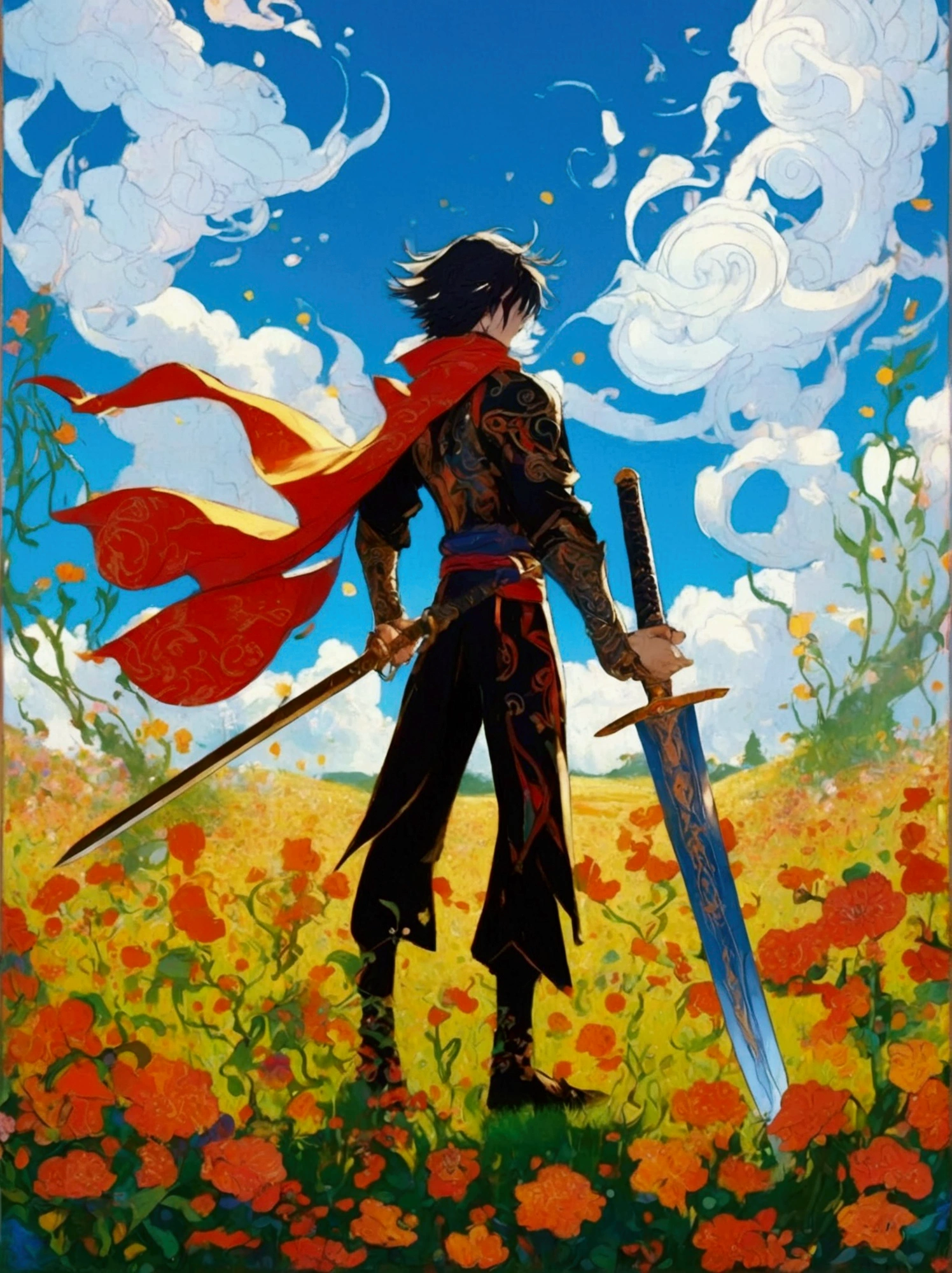 A standing figure of a male character resembling a sorcerer from a popular animated fantasy series, dressed in simplistic battle attire, located in a sword-infused meadow. The art style should mimic traditional Japanese animation, with strong outlines and vivid colors resonant of original animated series. The viewer's perspective should be from a low viewpoint to present the magnitude of the meadow and accentuate the swords around the character. The atmosphere should hint towards the fantastical, accentuating the magical components and epic demeanor of the scenario.