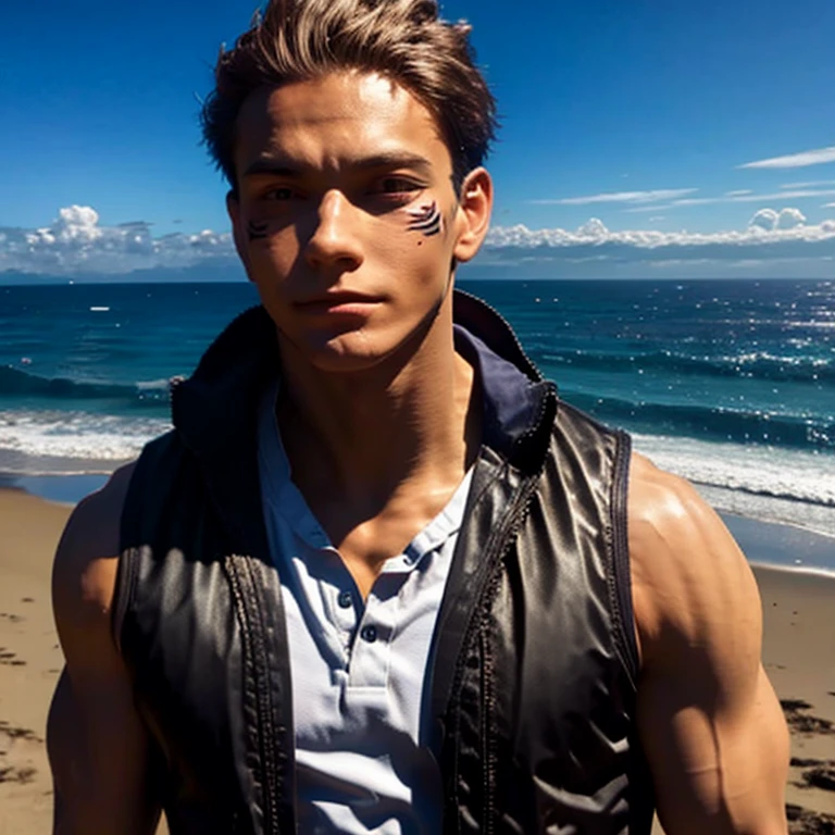 a young man with long black hair and a vest on standing in front of the ocean with a blue sky, (1 girl:0.955), (bang:0.575), (black eyes:0.572), (black hair:0.709), (blue sky:0.985), (closed mouth:0.536), (cloud:0.927), (day:0.980), (horizon:0.816), (japanese clothing:0.511), (lips:0.764), (long hair:0.775), (I look at the viewer:0.811), (nose:0.534), (ocean:0.950), (on open air:0.734), (realistic:0.814), (sky:0.988), (One:0.937), (upper body:0.557), (water:0.600)