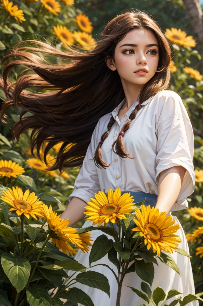 masterpiece, absurdres, highres, ultra detailed, 1girl, long hair, brown hair, brown eyes, wild flower, afternoon sun, wind breeze,  AddXL, wild nature oil painting