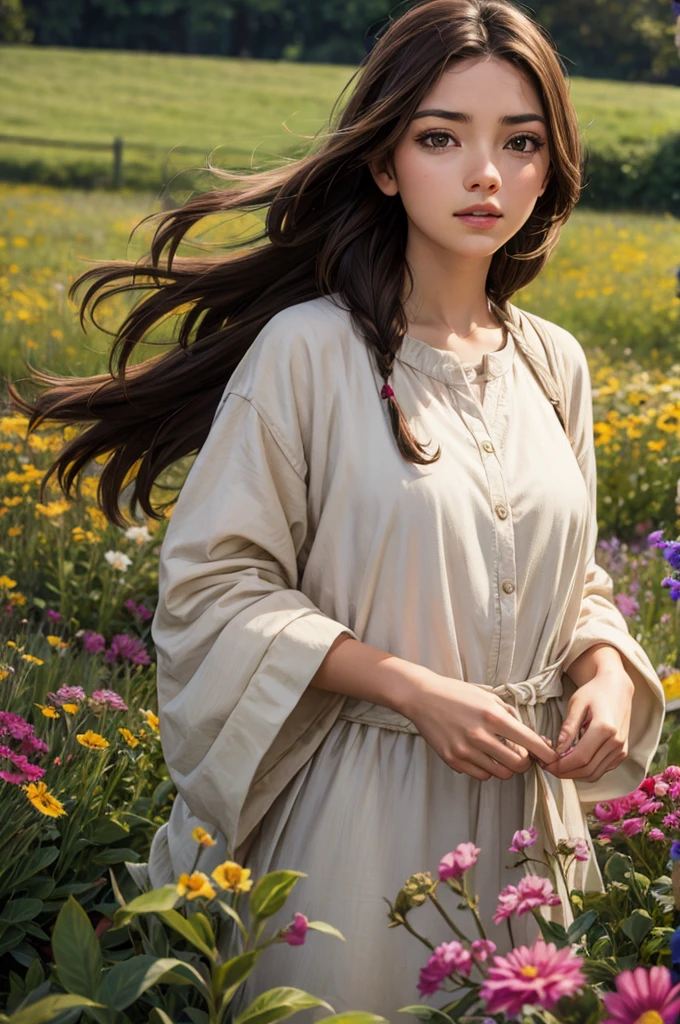 masterpiece, absurdres, highres, ultra detailed, 1girl, long hair, brown hair, brown eyes, wild flower, afternoon sun, wind breeze,  AddXL, wild nature oil painting