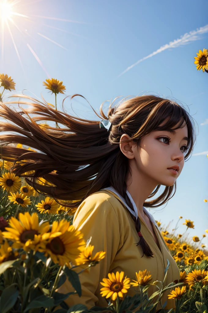 masterpiece, absurdres, highres, ultra detailed, 1girl, long hair, brown hair, brown eyes, wild flower, afternoon sun, wind breeze,  AddXL, wild nature oil painting