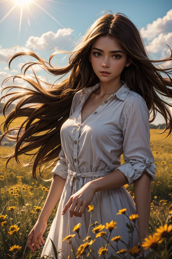 masterpiece, absurdres, highres, ultra detailed, 1girl, long hair, brown hair, brown eyes, wild flower, afternoon sun, wind breeze,  AddXL, wild nature oil painting