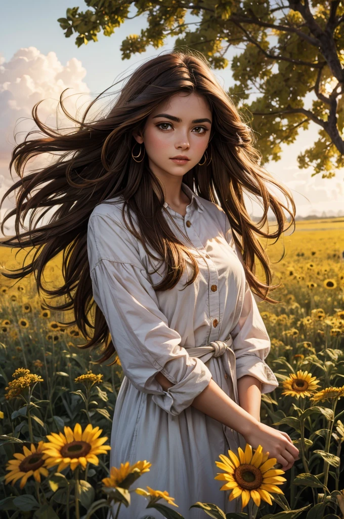 masterpiece, absurdres, highres, ultra detailed, 1girl, long hair, brown hair, brown eyes, wild flower, afternoon sun, wind breeze,  AddXL, wild nature oil painting