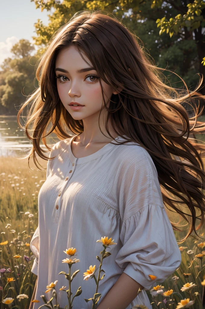 masterpiece, absurdres, highres, ultra detailed, 1girl, long hair, brown hair, brown eyes, wild flower, afternoon sun, wind breeze,  AddXL, wild nature oil painting