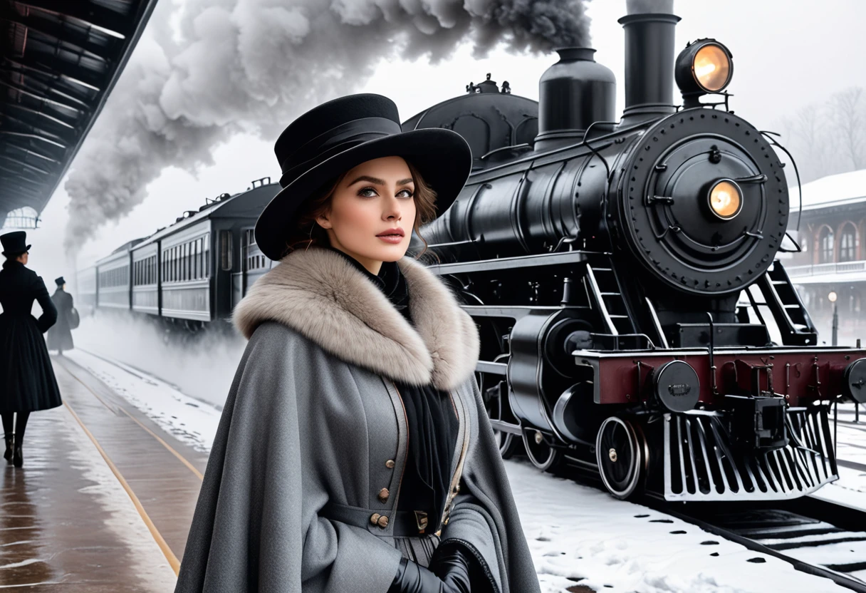 Pastel, black pencil hatching, charcoal drawing, toned paper, pencil drawing,
A historical scene set in a foggy train station. Foreground close-up, on camera, Anna Karenina, dressed in elegant 19th century winter attire, including a fur cape, hat, throws herself (((moving view, in front of the locomotive: 1.5))) under the locomotive. The train emits steam, creating a dramatic and nostalgic atmosphere. In the background are details of the train station with an industrial, vintage feel.