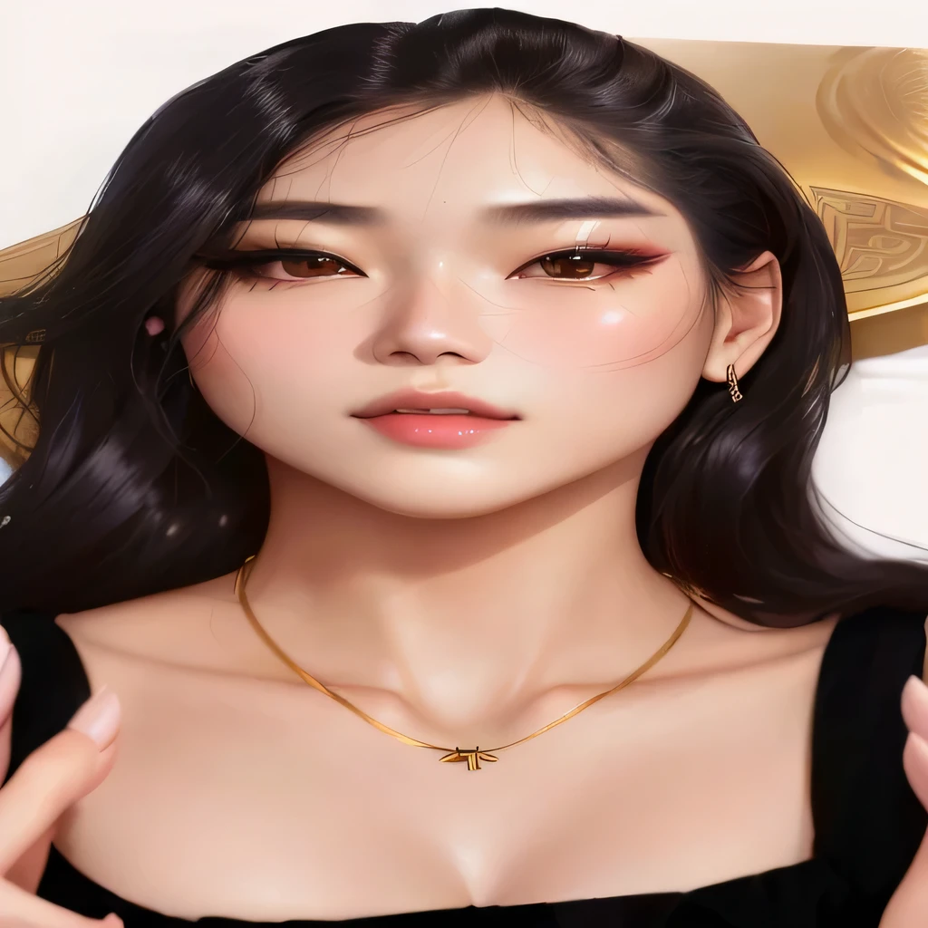 a woman with long hair wearing a black dress and a gold necklace, beautiful south korean woman, gorgeous young korean woman, beautiful young korean woman, portrait jisoo blackpink, popular south korean makeup, lisa from blackpink, lisa of blackpink, popular korean makeup, heonhwa choe, korean girl, young adorable korean face, female actress from korea, bae suzy, black eyes.