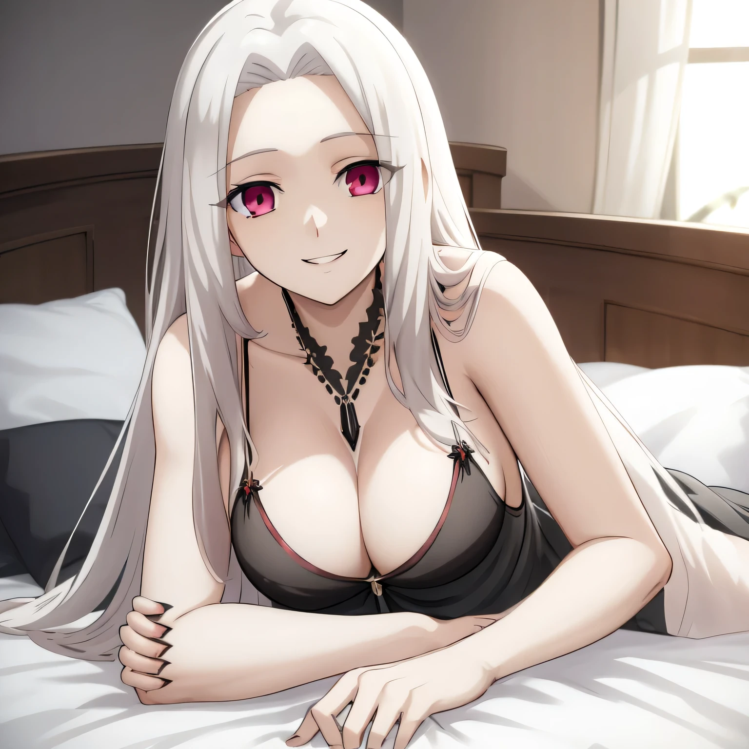 Irisviel,black sheer dress sleeveless,solo,looking at viewer,beautiful smile,arm at side,middle size of breast,beautiful necklace,lying in bed with her hands catch you