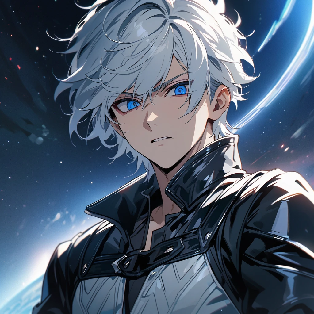 High quality, HD, 4k, no shadows, handsome male, 1male, 17 years old, teenager, short white hair, silver hair, white hair, sharp eyes, dark blue colored eyes, deep blue eyes, dark blue eyes, devil may cry, close up, calm expression, stoic expression, black leather clothes, white leather clothing, lean body, well trained body, upper body, looking at viewer, cowboy shot, white solar, space background