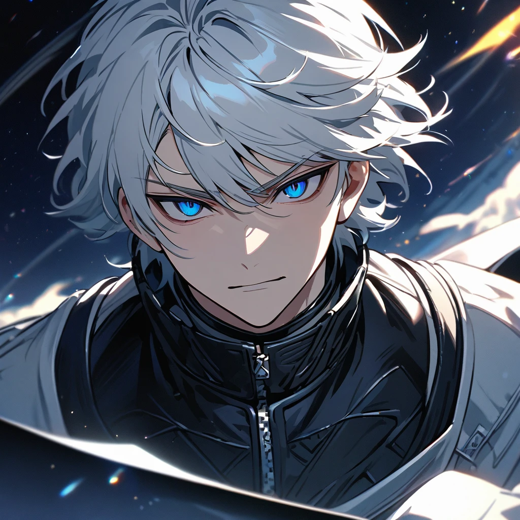 High quality, HD, 4k, no shadows, handsome male, 1male, , teenager, short white hair, silver hair, white hair, sharp eyes, dark blue colored eyes, deep blue eyes, dark blue eyes, devil may cry, close up, calm expression, stoic expression, black leather clothes, white leather clothing, lean body, well trained body, upper body, looking at viewer, cowboy shot, white solar, space background