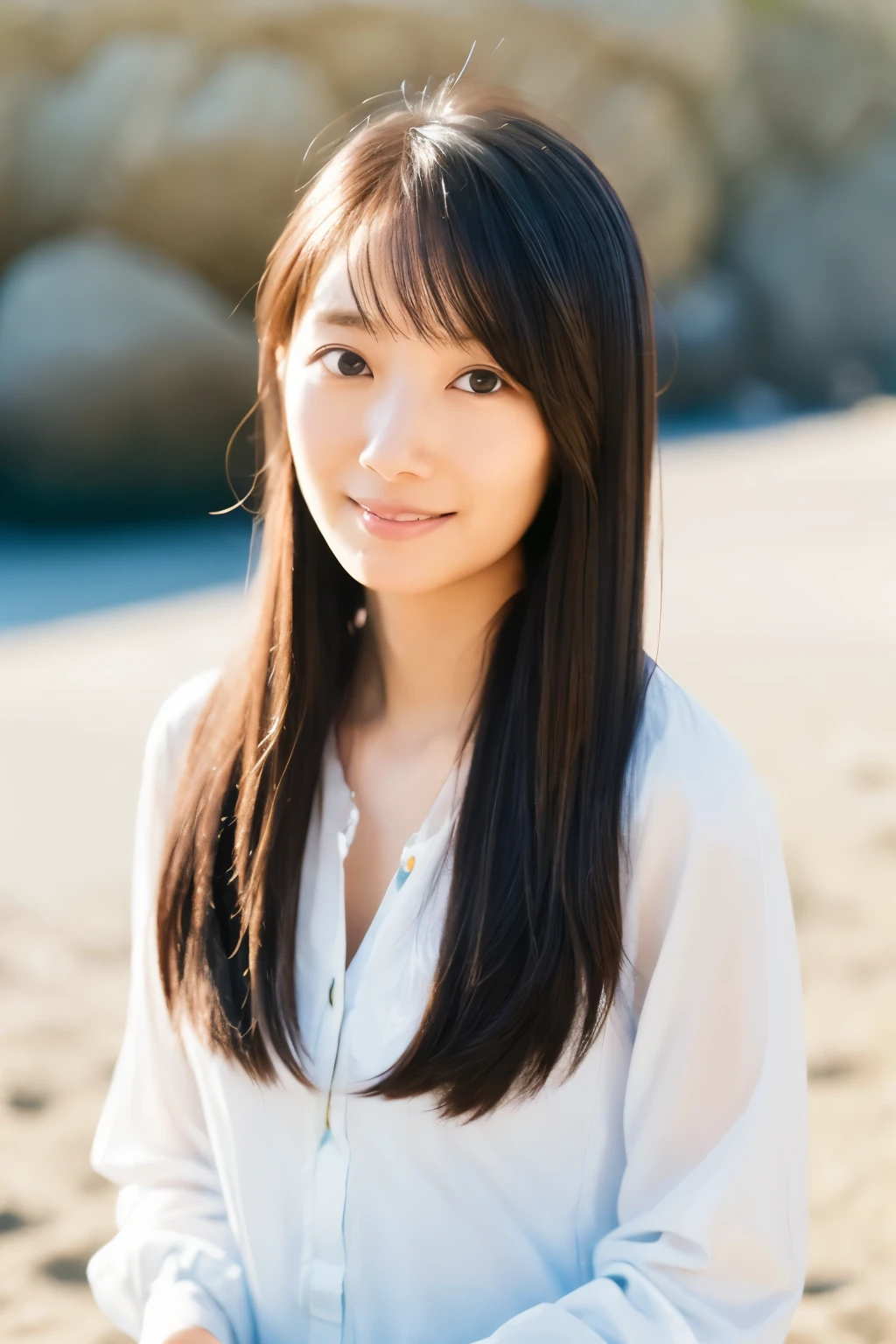 8k, highest quality, masterpiece, super high resolution, (realistic:1.4), RAW Photos, (Film Grain:1.3), One Girl, portrait of a skinny Japanese woman, 30 years old, standing on the beach, a cute face, detailed face, detailed eyes, {short|long} hair, correct body anatomy, photogravure