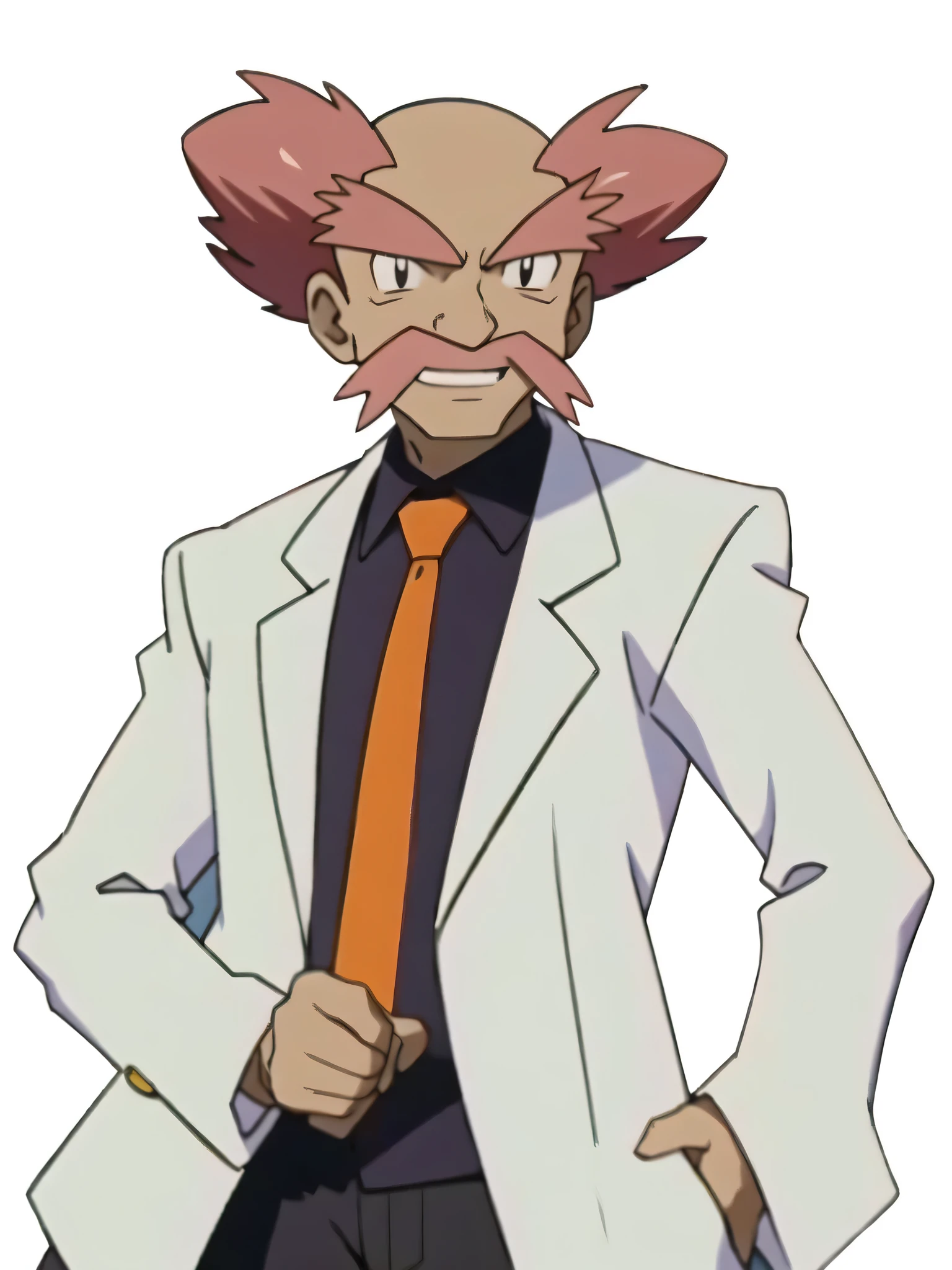 (masterpiece, best quality:1.2,ultra detailed,8k),1boy,solo,Professor Namba \(pokemon\),pink hair,black eyes,looking at viewer,necktie,white coat,smile,collared shirt,beard