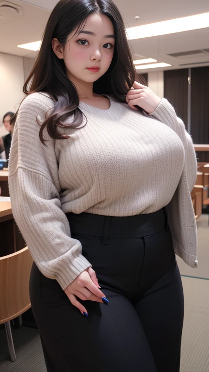 (best quality,8k,ultra high resolution:1.2),(pretty european japanese girl),(huge breasts:0.8),(sweater), (thick thighs:0.9), (obese body), chubby cheeks 