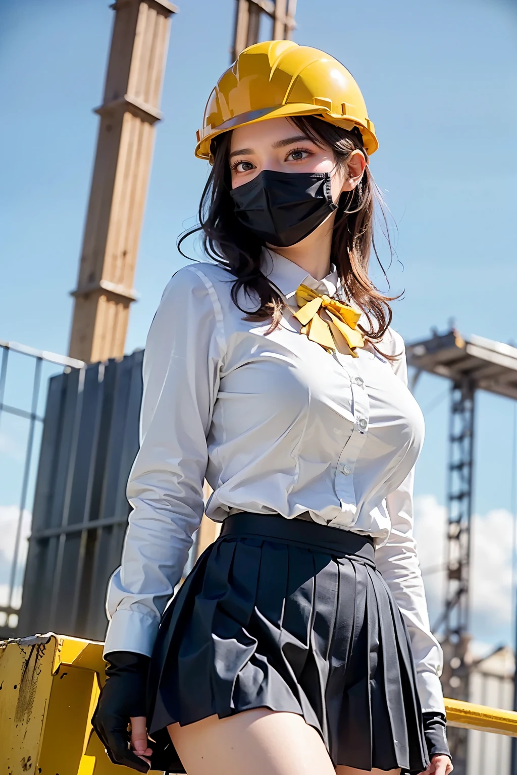Masterpiece, bokeh, (Beautiful face), (Detailed face), (Japanese idle), (uniform:1.3), (Dark blue Pleated skirt:1.3), (Blushed face:1.3), (Plump breast:1.2), (Dynamic pose on Steel bridge in construction site:1.5), (Yellow helmet:1.3), (From below:1.5), (solo play:1.3)