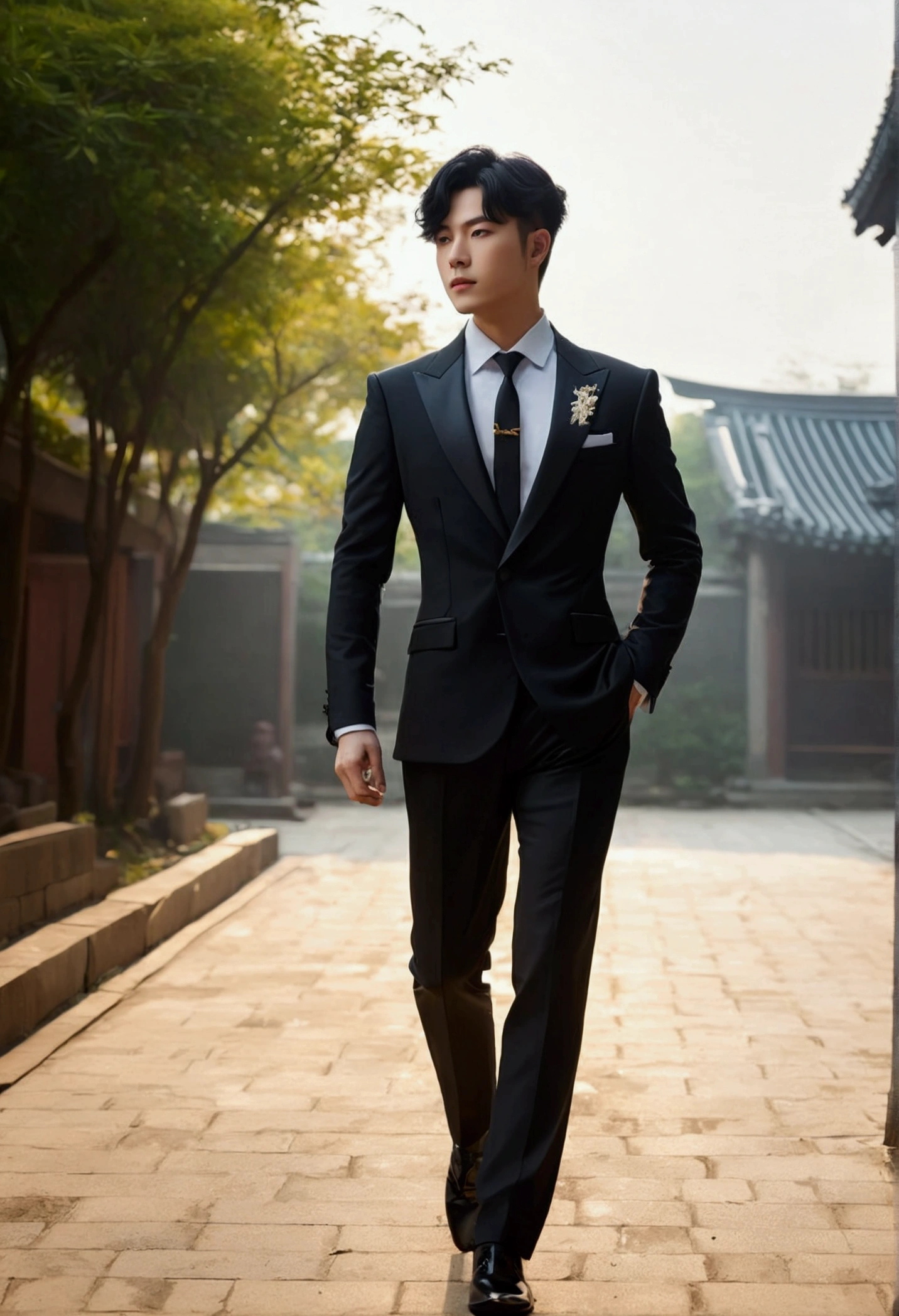 Xianyun (genshin impact), sideways walking through liyue, his elegant tight suit, Whole body (curved),