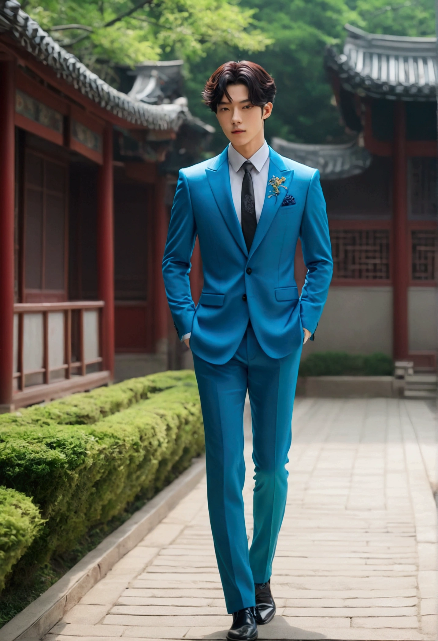 Xianyun (genshin impact), sideways walking through liyue, his elegant tight suit, Whole body (curved),