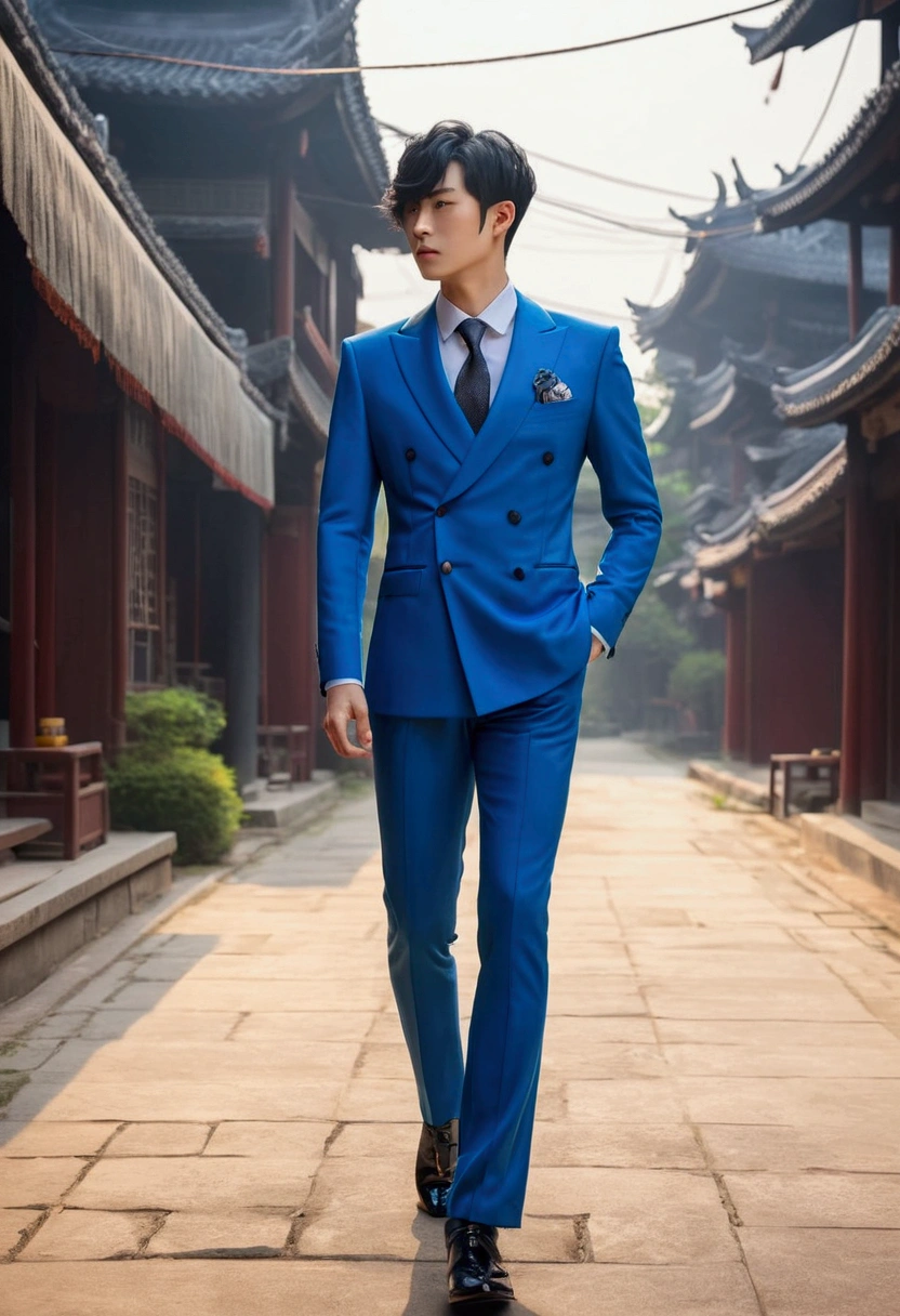 Xianyun (genshin impact), sideways walking through liyue, his elegant tight suit, Whole body (curved),