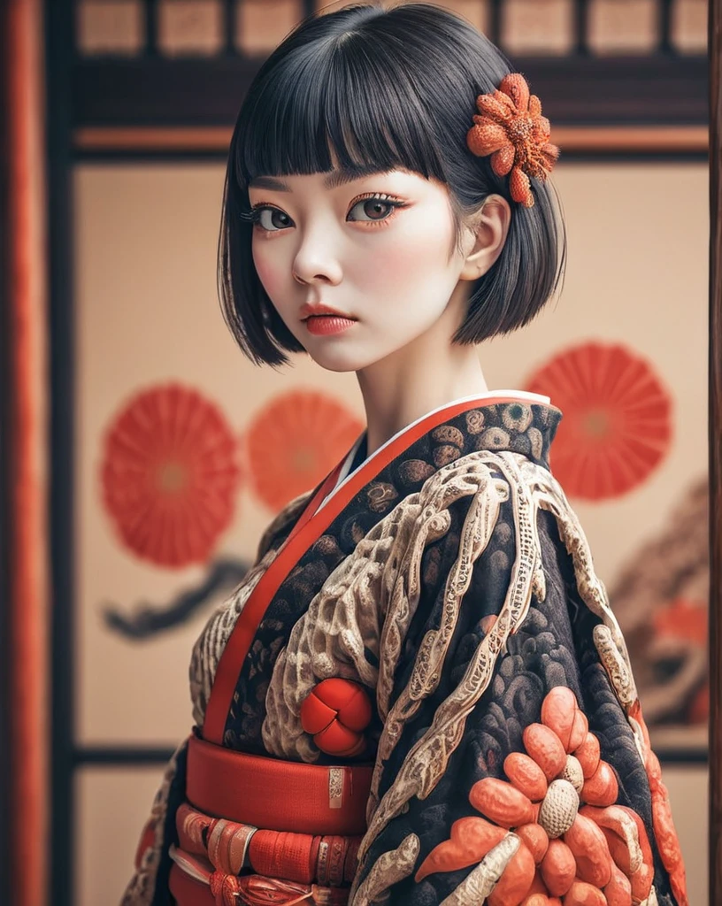 Insane Details, Ostrich, Shallow depth of field, Intricate details, Bright design, Poster Art、Kimono with red Japanese pattern、Black bobcut、girl