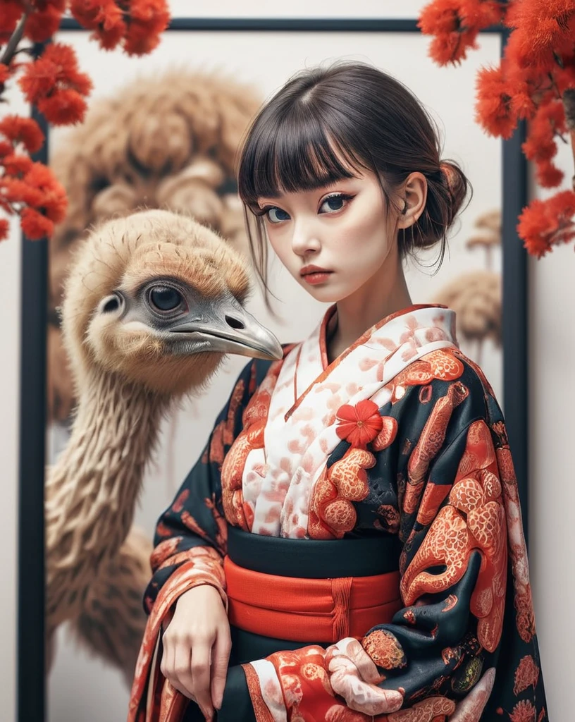 Insane Details, Ostrich, Shallow depth of field, Intricate details, Bright design, Poster Art、Kimono with red Japanese pattern、Black bobcut、girl