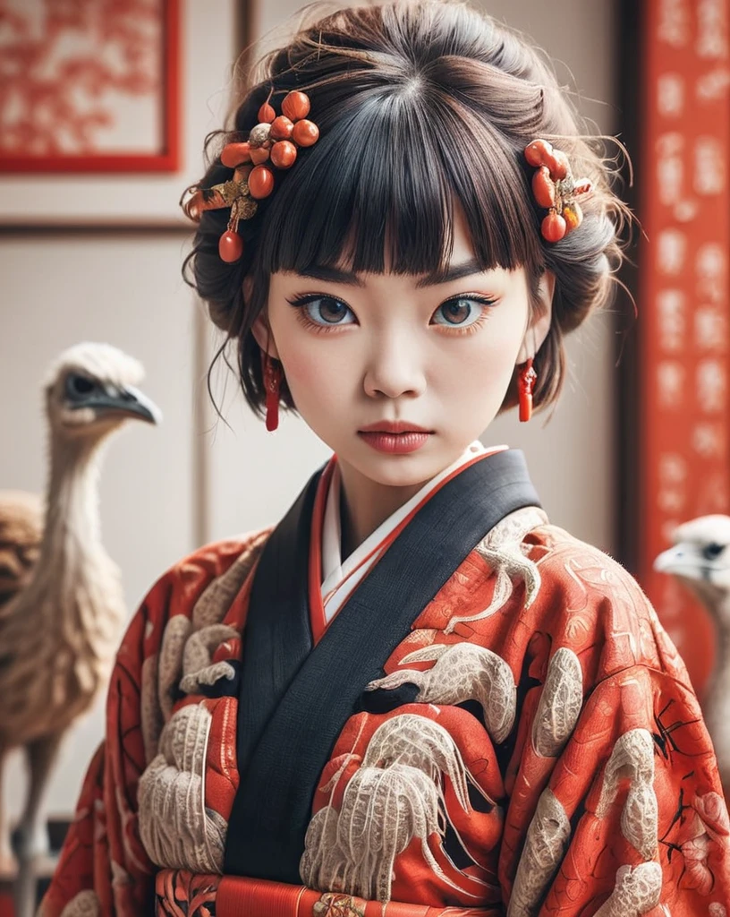 Insane Details, Ostrich, Shallow depth of field, Intricate details, Bright design, Poster Art、Kimono with red Japanese pattern、Black bobcut、girl