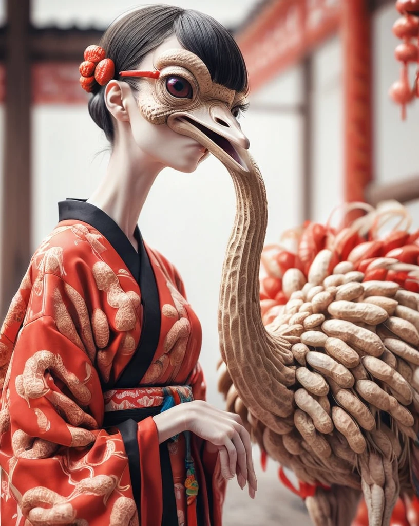 Insane Details, Ostrich, Shallow depth of field, Intricate details, Bright design, Poster Art、Kimono with red Japanese pattern、Black bobcut、girl