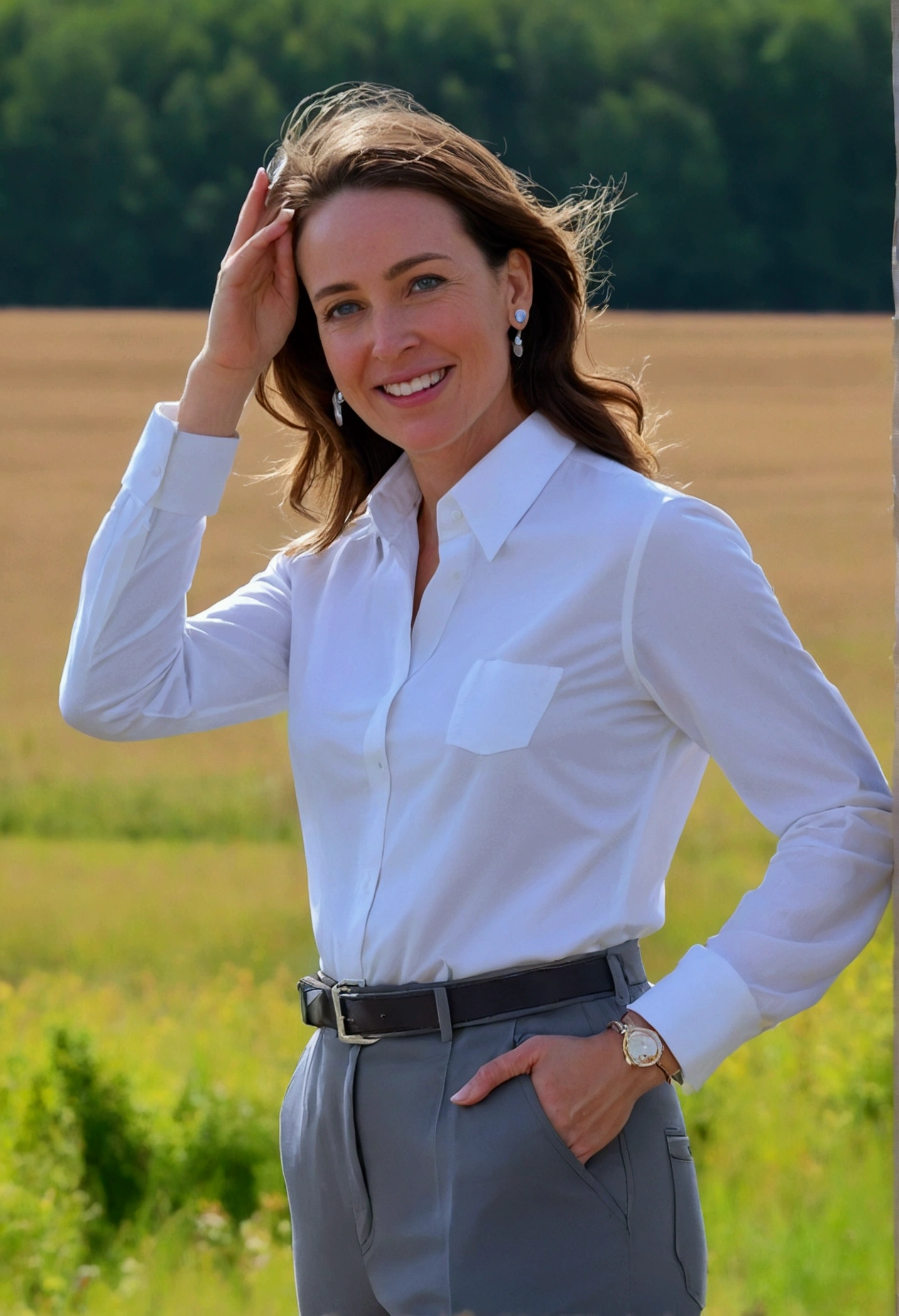 objectif vue de 5 mètres debout  , en campagne canadienne , fou détaillé, 8k ,La prise de vue est réalisée avec un objectif Canon 200 mm ,femme grise , yeux , cheveu boucler, corps complet, visage joyeux, souriante, lèvre fine, collier, corps complet, tenu vestimentaire élégante chemisier et pantalon  , des bottes ,assurant une qualité extrême, vue de la tête au pied ,maquillage léger, boucle d'oreille, collier