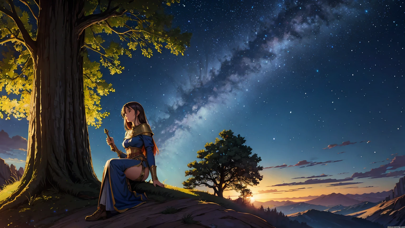 night One person Medieval fantasy world Adventurer rest woman lean on a tree Starry Sky