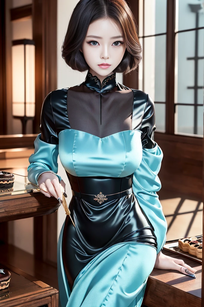 masuter piece, best qualtiy, ((Real model footage)), 8K picture quality, ((1 girl)), Extremely Delicately Beautiful, magnifica, Official art with attention to detail, ((perfect hands)), (18 years old girl), (japanese beautiful woman), black short hair, (((Cute light blue long-sleeved pastry chef costume)))