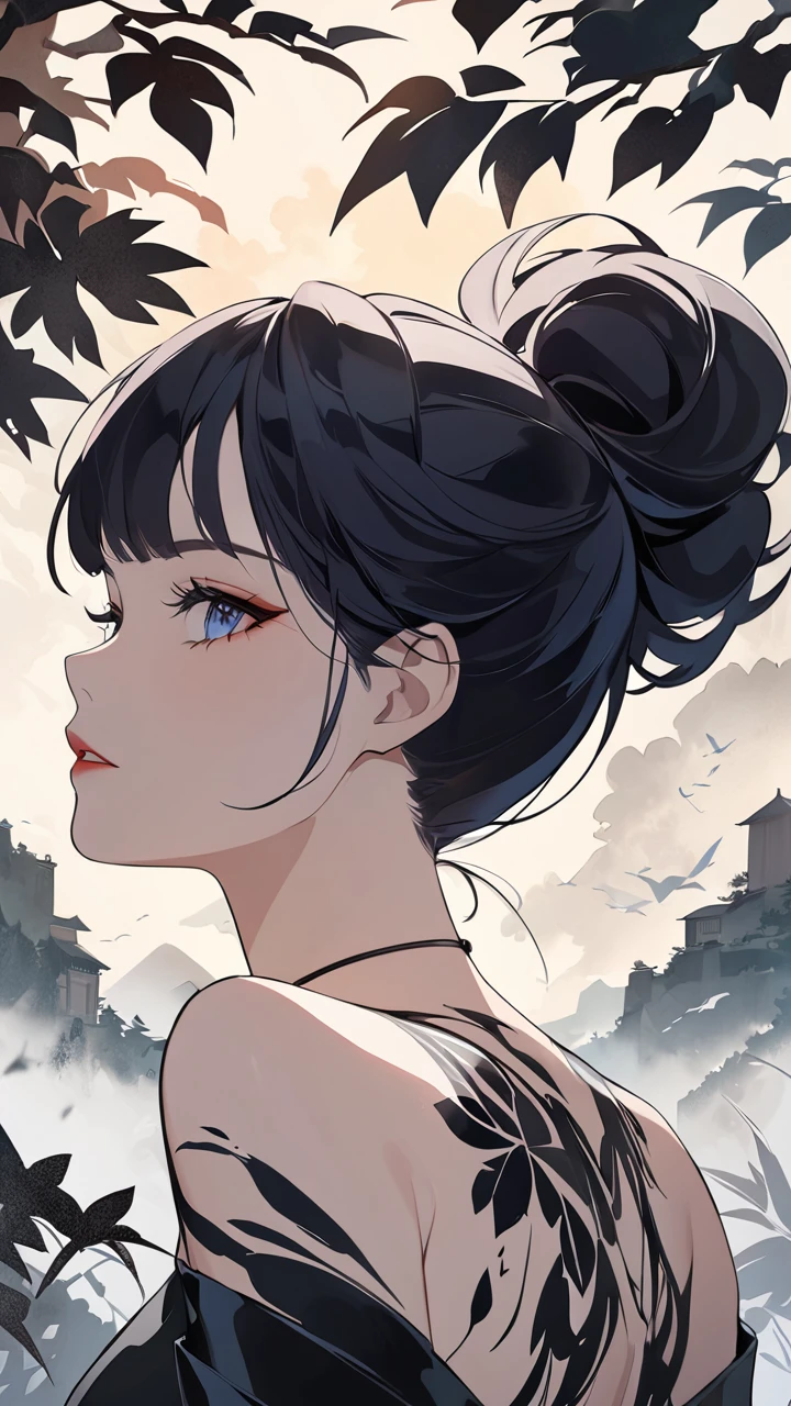 illustration, 1woman, ????, portrait, amazing background, ink wash painting, {by aaron douglas|(monotype printing)}