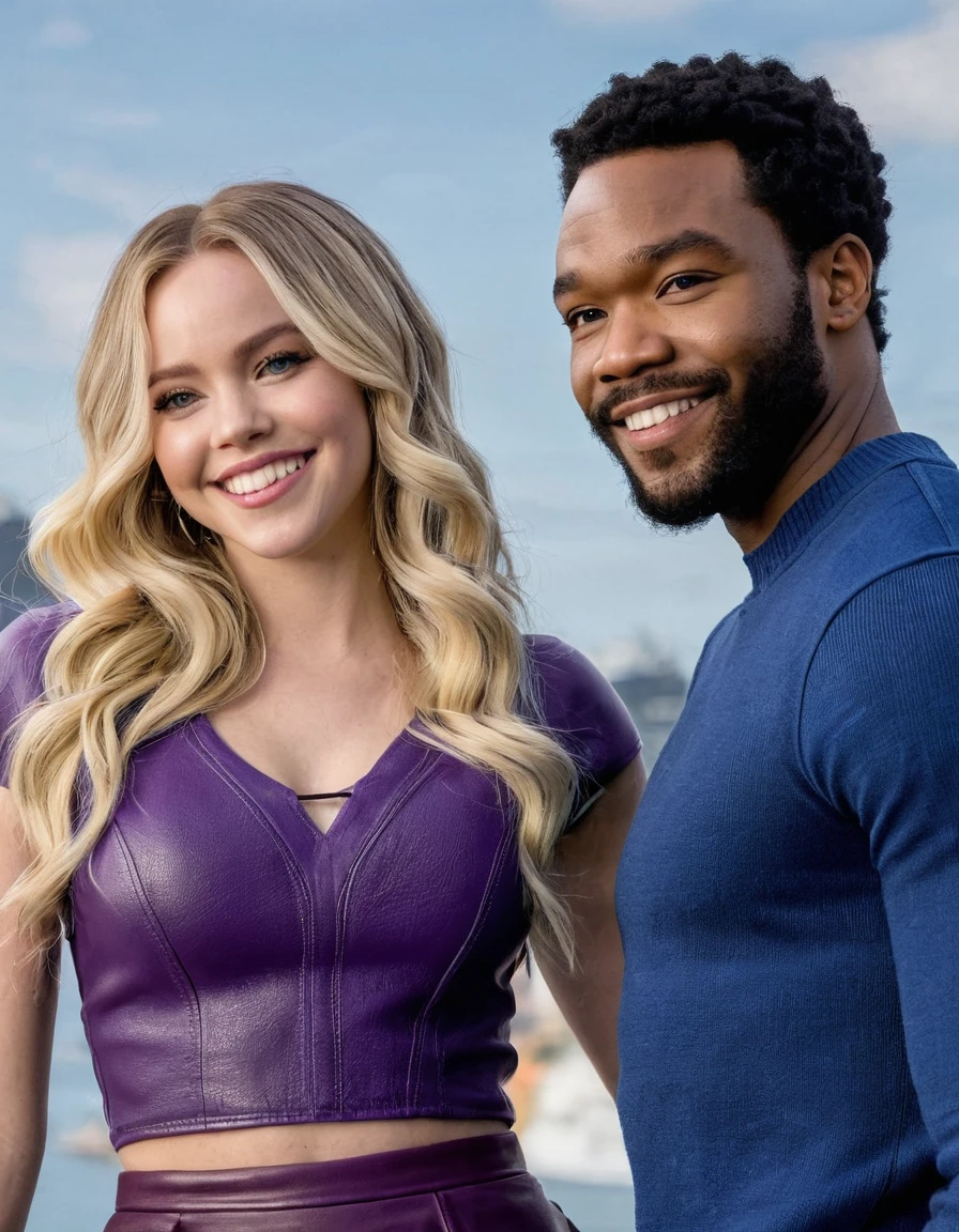 Sydney Sweeney as Marvel Comics' Felicia Hardy and a handsome African American male whose facial features are a combo of Mamoudou Athie + Jovan Adepo + Donald Glover pose together for a photo. Sydney has long wavy platinum-blond hair. Both are smiling. Both are attired attractively but casually for a date. The male wears purple and green. Sydney wears a white sweater and a black leather skirt. Sydney has lovely makeup on her face. Daytime. Romantic ambiance. Symmetrical eyes. Symmetrical faces. Lovely details. Photorealistic. Full-colored photo. Professional photo. Highly detailed 8K.