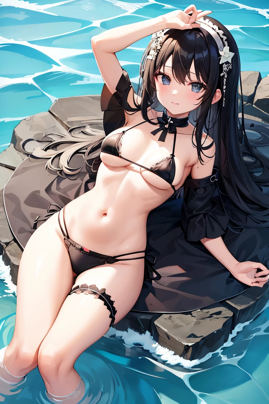 Midsummer Sea、A black micro bikini that looks like a maid's uniform、Pink Hair Color、Wear glasses、Wearing cat ears、Pink shortcuts、Voluptuous body、Big Boobs、Big Breasts、Sunny pose、