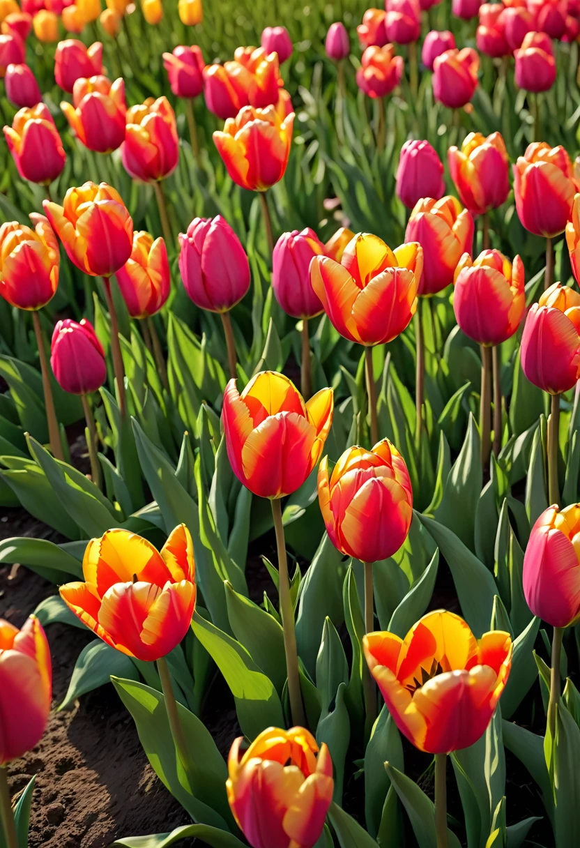 a field of blooming tulips, colorful tulip flowers, spring landscape, lush greenery, sunlight, vibrant colors, highly detailed, photorealistic, 8k, hyper-realistic, masterpiece, professional photography, beautiful natural lighting, depth of field, atmospheric, serene, peaceful, tranquil
