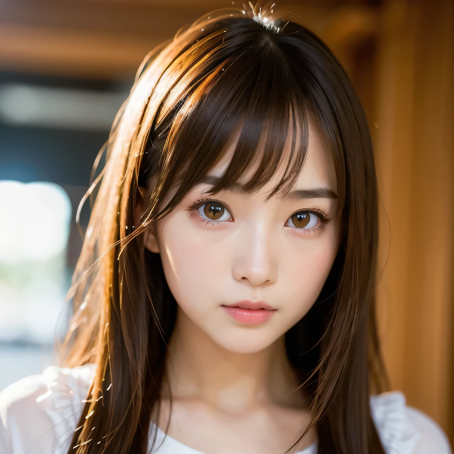 best quality, face focus, soft light, ultra high res, (photorealistic:1.4), RAW photo, 1japanese girl, solo, cute, (pupil, lights in the eyes), detailed beautiful face, (small chest),(high resolution detail of human skin texture), (long hair), indoor, Damask Shirt Dress, (portrait)