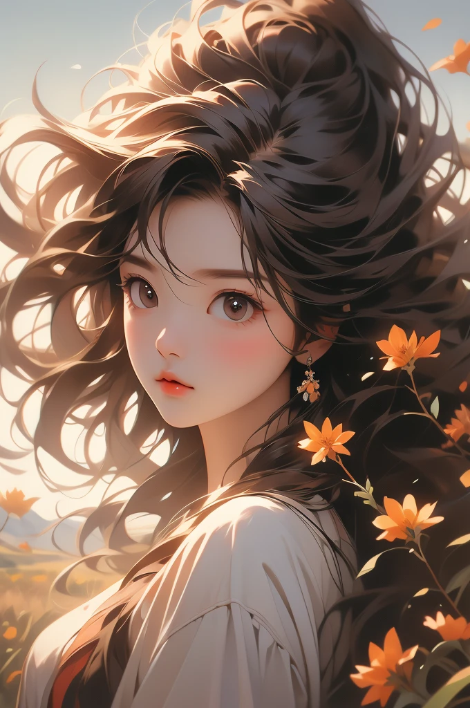 masterpiece, absurdres, highres, ultra detailed, 1girl, long hair, brown hair, brown eyes, wild flower, afternoon sun, wind breeze,  AddXL, wild nature oil painting