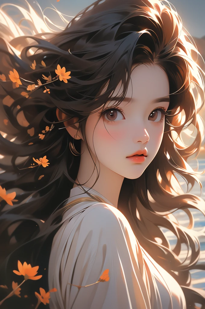 masterpiece, absurdres, highres, ultra detailed, 1girl, long hair, brown hair, brown eyes, wild flower, afternoon sun, wind breeze, AddXL, wild nature oil painting