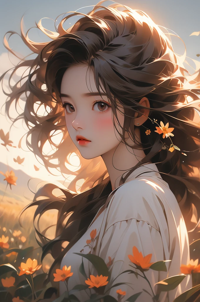 masterpiece, absurdres, highres, ultra detailed, 1girl, long hair, brown hair, brown eyes, wild flower, afternoon sun, wind breeze, AddXL, wild nature oil painting