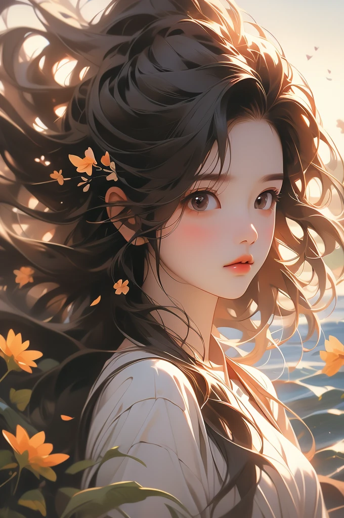 masterpiece, absurdres, highres, ultra detailed, 1girl, long hair, brown hair, brown eyes, wild flower, afternoon sun, wind breeze, AddXL, wild nature oil painting