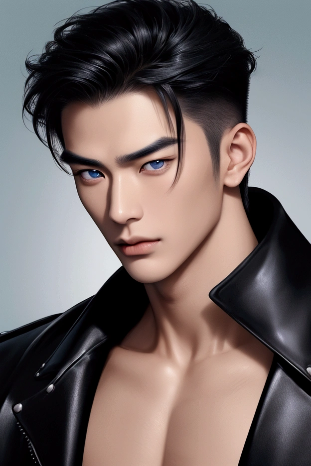 ((face portrait)), close-up photo, ((more focus on face)),((pose of superiority)), ((powerful man)), very luxurious in the image, highly detailed image. ((A man)), 20 year old boy, young appearance, perfect masculine appearance, detailed face, light blue eyes, seductive look, defined jawline, Serious countenance, marked nose, marked jaw, handsome face, young male face. Black hair, detailed hair, men's haircut. Perfect male body, broad shoulders, chest Toned, defined abs, toned body. Wearing a leather jacket with Spikes, leather jacket, black leather pants, goth look. Face with Korean features, slanted eyes, Asian appearance, Asian facial features, Striking a masculine pose, looking fixedly at the viewer, Asian features, Asian man, masculine, ((face with great quality)), ((extreme male beauty)), ((perfect Asian face)), ((Asian man of rare beauty)).