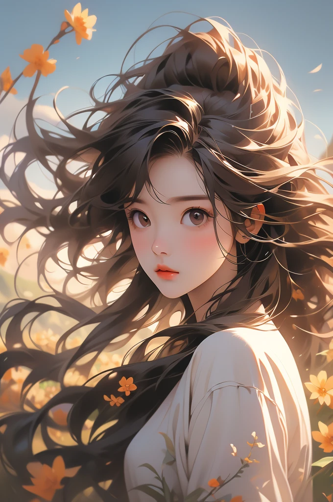 masterpiece, absurdres, highres, ultra detailed, 1girl, long hair, brown hair, brown eyes, wild flower, afternoon sun, wind breeze,  AddXL, wild nature oil painting