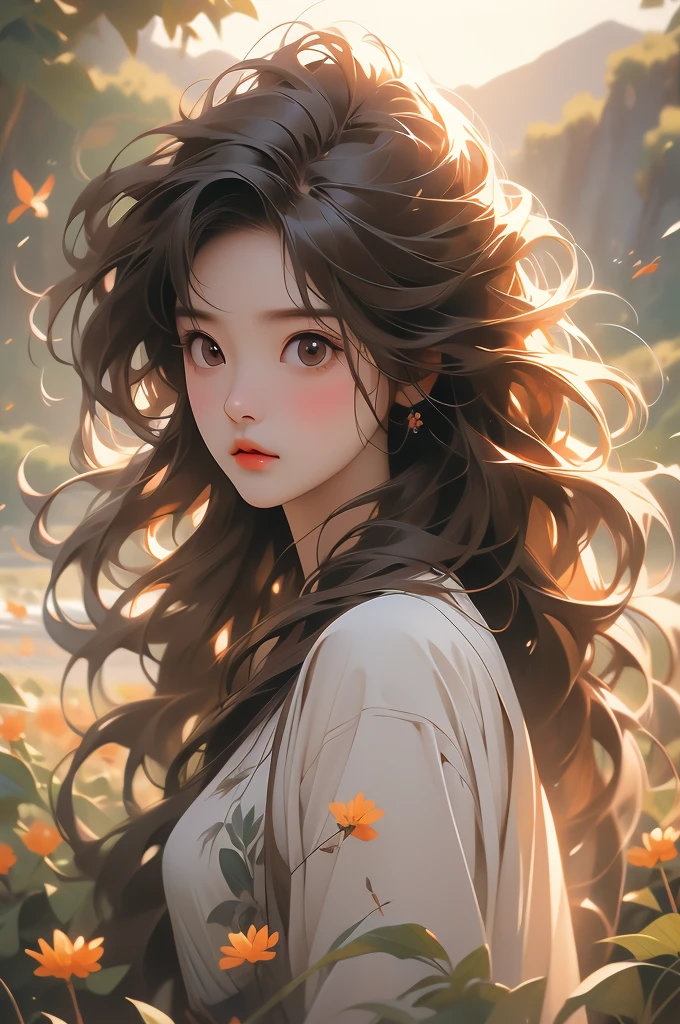masterpiece, absurdres, highres, ultra detailed, 1girl, long hair, brown hair, brown eyes, wild flower, afternoon sun, wind breeze, AddXL, wild nature oil painting