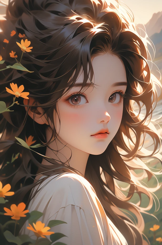 masterpiece, absurdres, highres, ultra detailed, 1girl, long hair, brown hair, brown eyes, wild flower, afternoon sun, wind breeze,  AddXL, wild nature oil painting