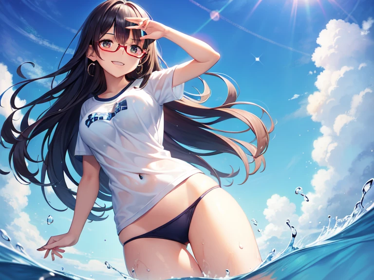 ((best quality, high resolution)), (delicate illustration), (pastelcolor style illustration:0.4), (watercolor style illustration:0.4), ((beautiful:1.3)), 4k,Perfect Anatomy,((splashing water cheerfully toward viewer with both hands)), extremely long white T-shirt over thigh, ((school pool)), indigo inner, particle of light, glittering water surface, pure white cumulonimbus, loose neck line, girly, large eyes, cobalt blue sky, lens flare, outdoor, 1girl, brown eyes are shining and cute,black hair,long hair,(red-rimless eyewear:1.2),star earrings,grin, (off shoulder:0.75)