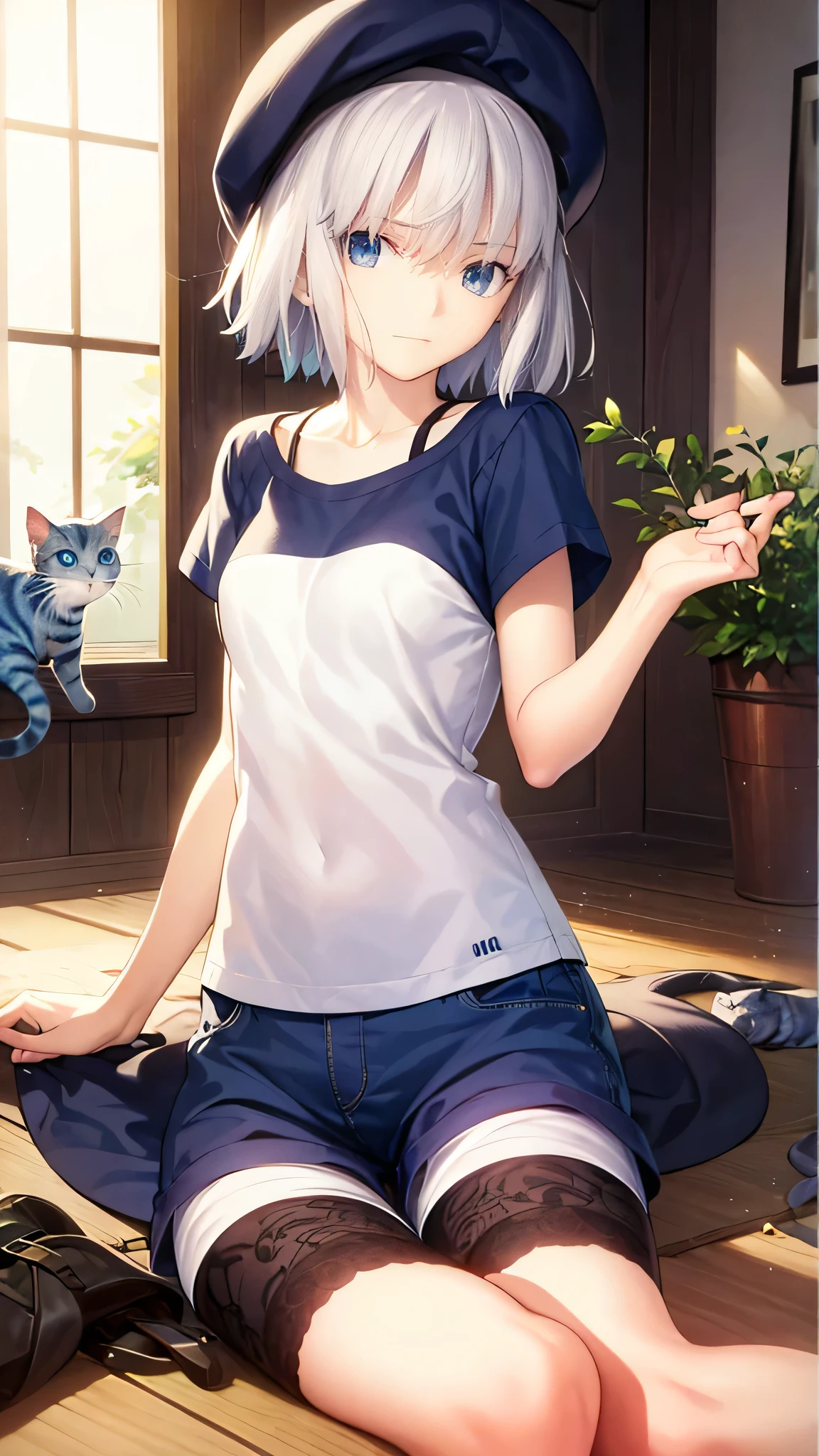 Highest quality、masterpiece、1 15 year old girl、Short silver hair、Blue eyes、Cat knit hat、Short sleeve、Shorts、Beautiful and mysterious、Enigmatic look、Laugh fearlessly