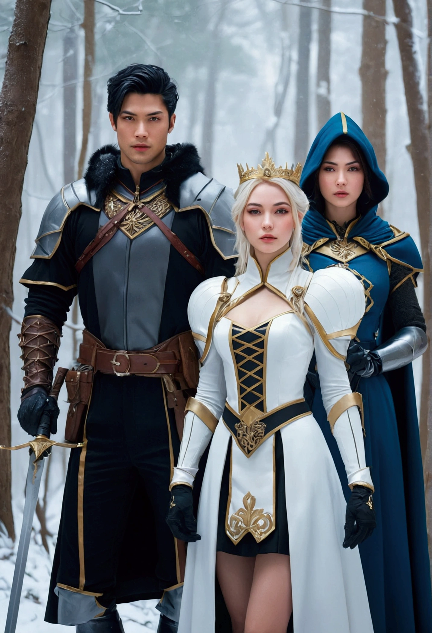 two beautiful women and a handsome boy wearing high class court costumes with full medieval weapons standing in a snowy forest, artgerm and wlop, artgerm style, colorful forest, surreal face, masterpiece, wlop and artgerm, artgerm style, detailed artgerm, artgerm and ben lo, extremely detailed artgerm, artgerm and rossdraws, ultra sharp, UHD, 18K