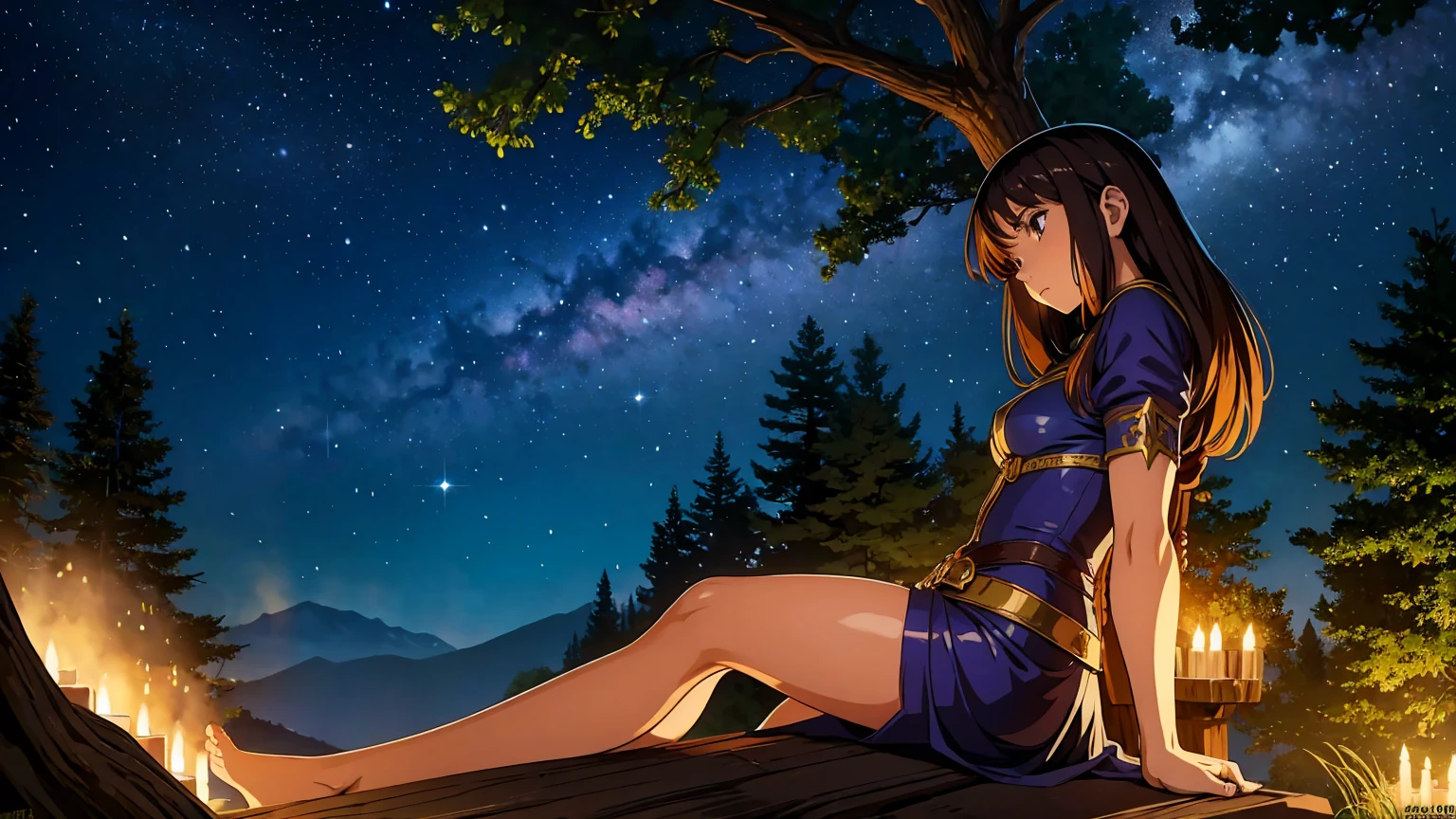 night　One person　Medieval fantasy world　Adventurer　　rest　woman　lean on a tree　Starry Sky